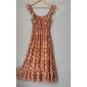 Max Studio Dress Women XS Floral Midi Smocked Tassel Tie Ruffle Boho Cottagecore